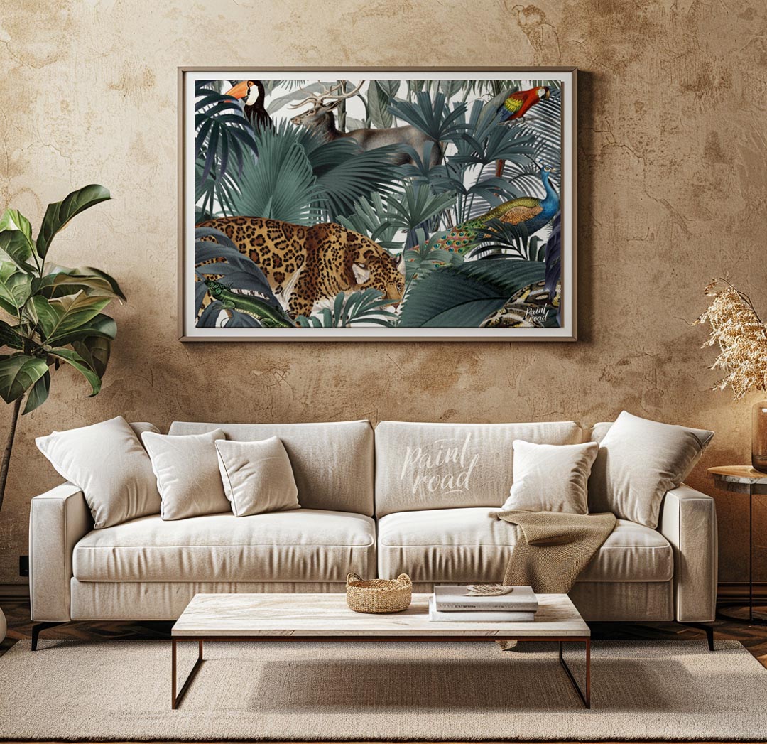 This immersive and richly detailed artwork presents a vibrant, dense tropical jungle teeming with h… for living room