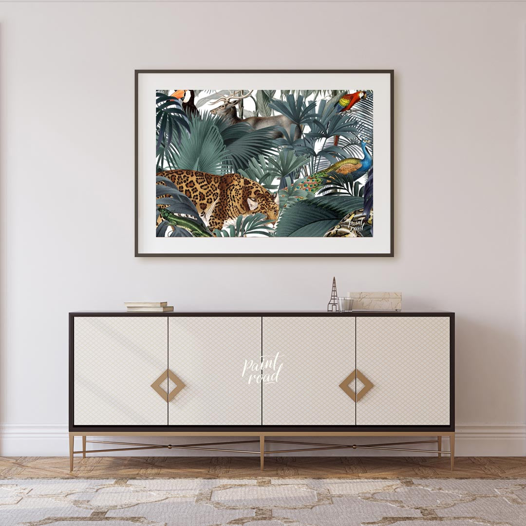 This immersive and richly detailed artwork presents a vibrant, dense tropical jungle teeming with h… for living room