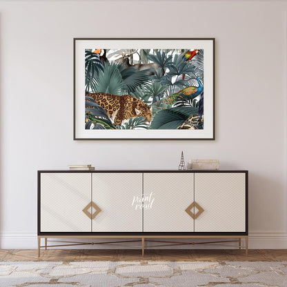 This immersive and richly detailed artwork presents a vibrant, dense tropical jungle teeming with h… for living room