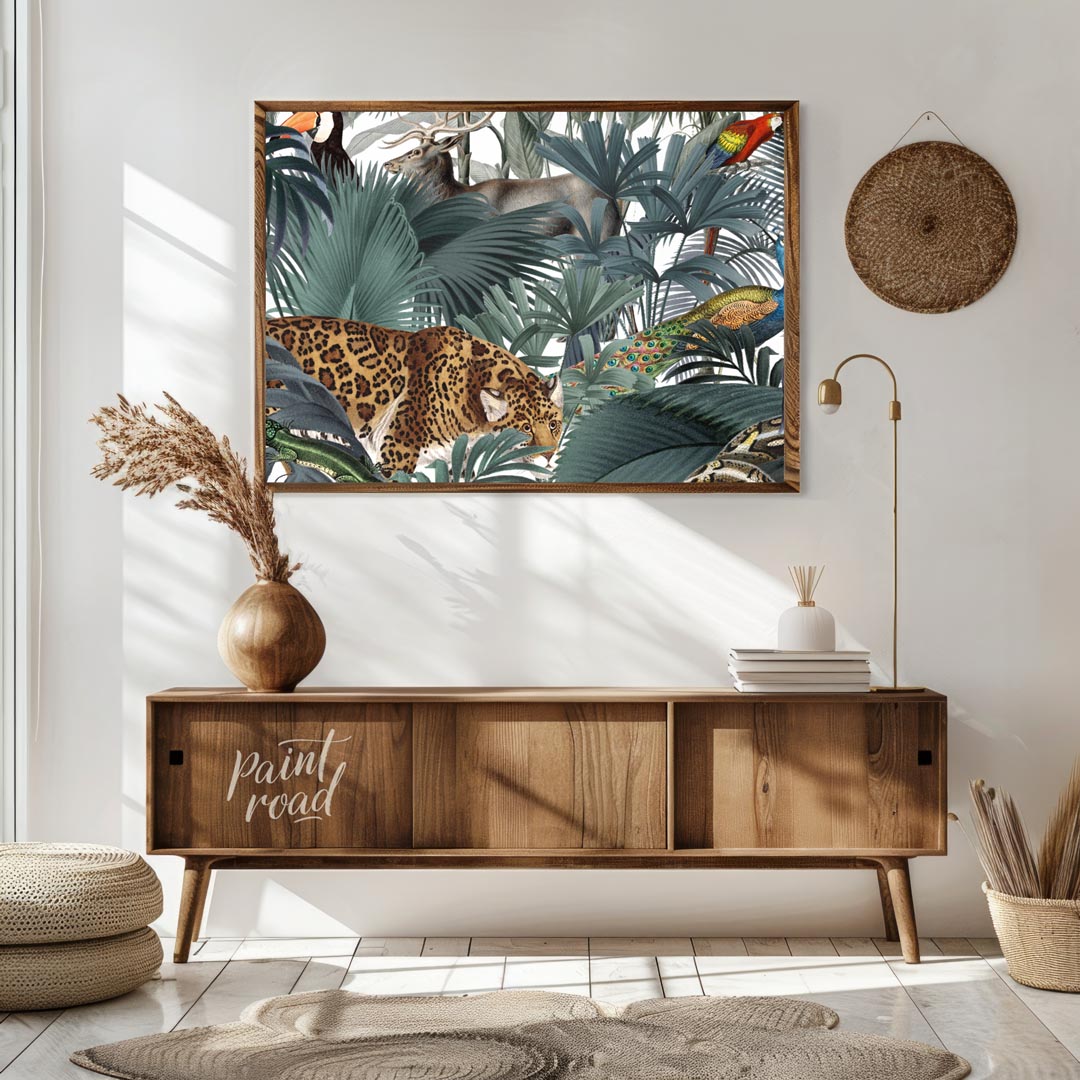 This immersive and richly detailed artwork presents a vibrant, dense tropical jungle teeming with h… for living room
