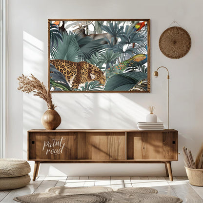 This immersive and richly detailed artwork presents a vibrant, dense tropical jungle teeming with h… for living room