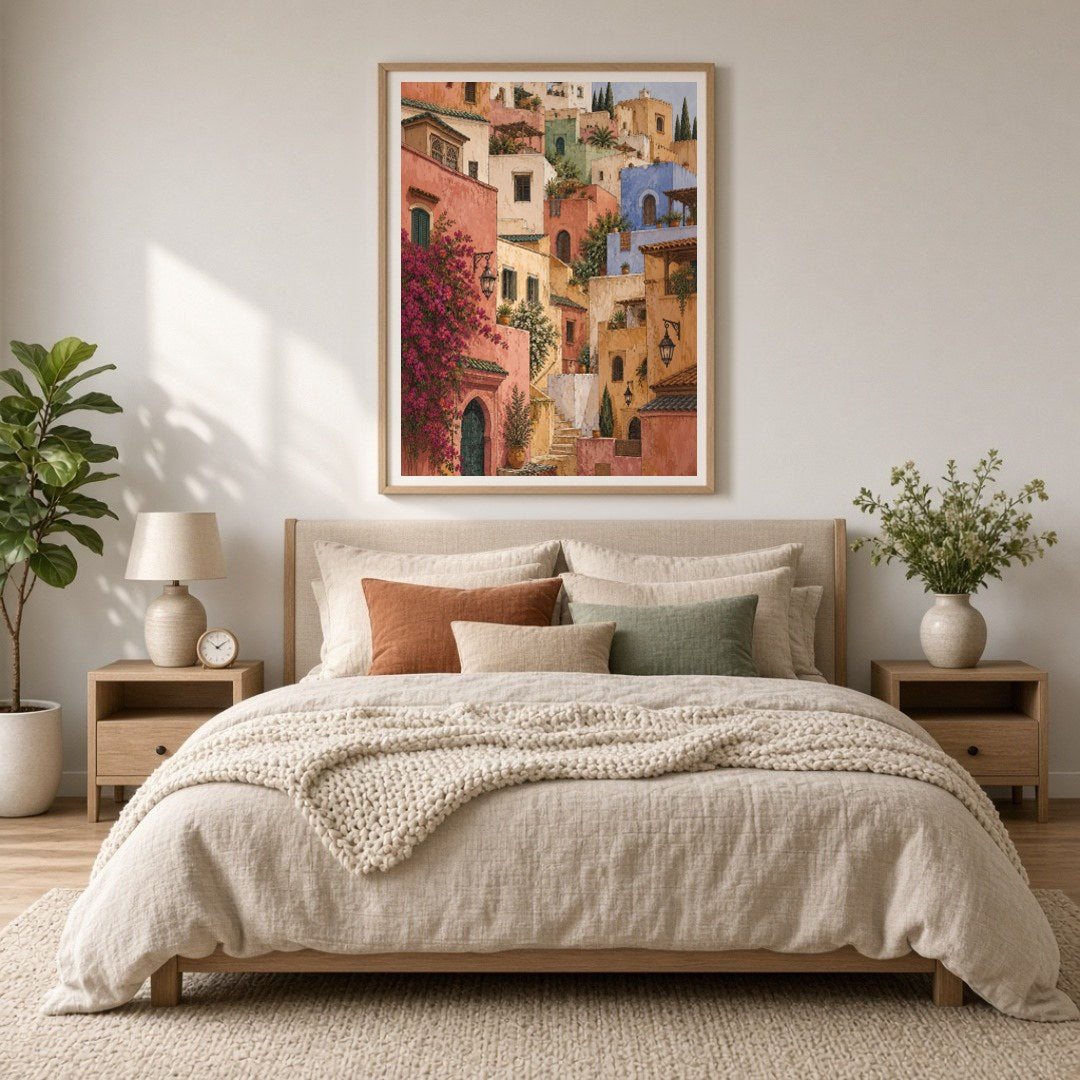 Transform your space with the enchanting allure of a Mediterranean hillside village. This art print for Bedroom