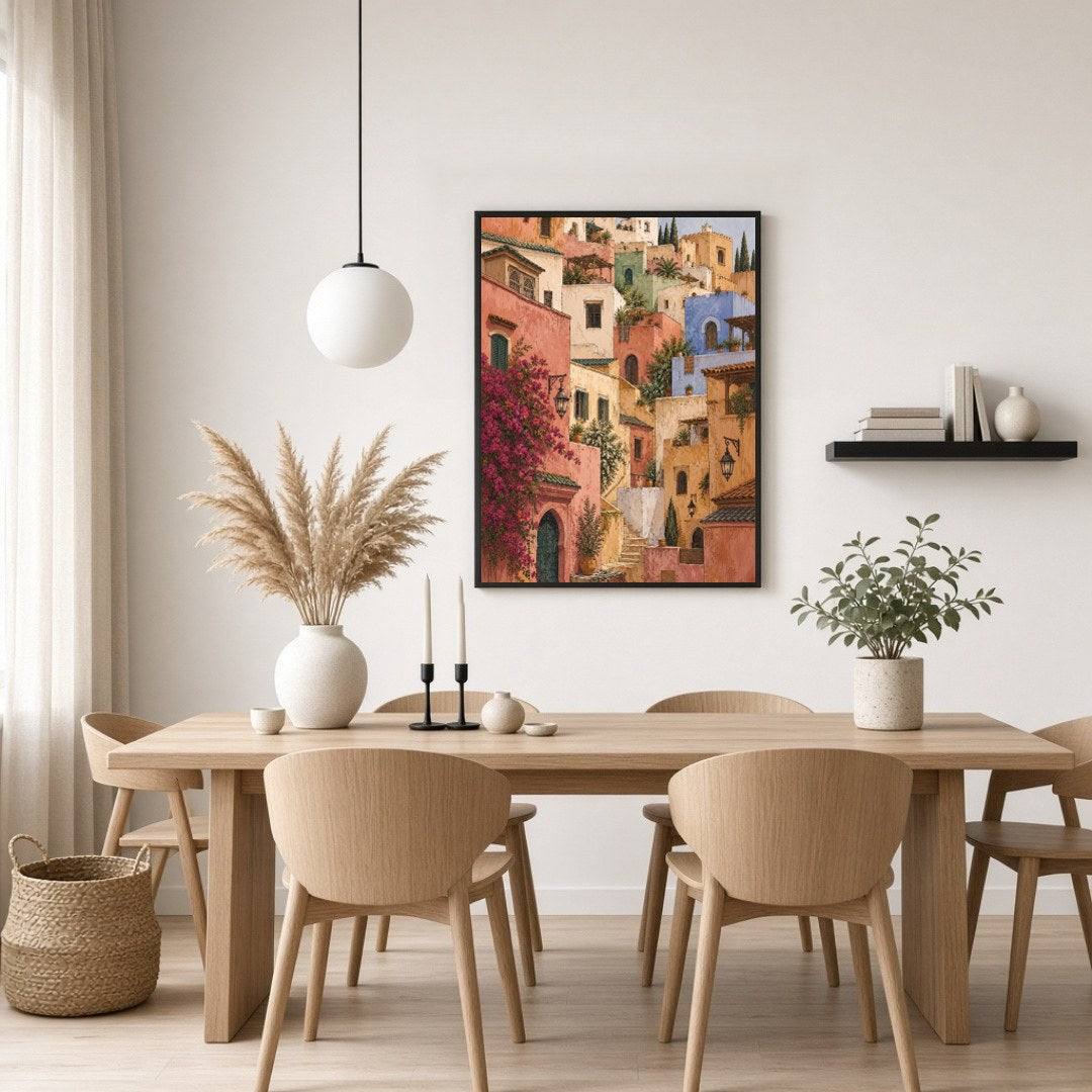 Transform your space with the enchanting allure of a Mediterranean hillside village. This art print for Dining