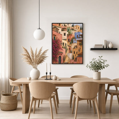 Transform your space with the enchanting allure of a Mediterranean hillside village. This art print for Dining