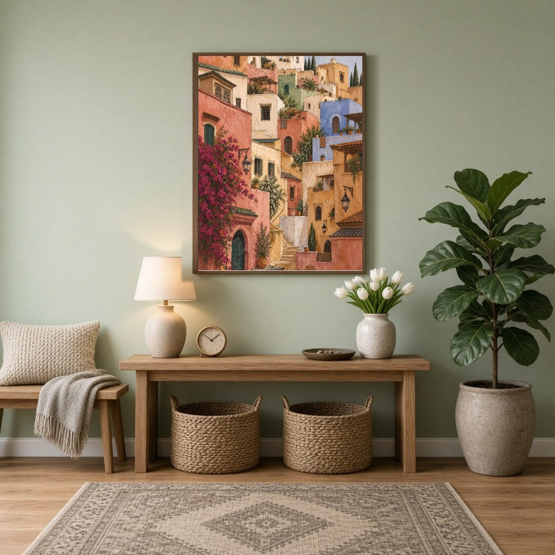 Transform your space with the enchanting allure of a Mediterranean hillside village. This art print for Entrance
