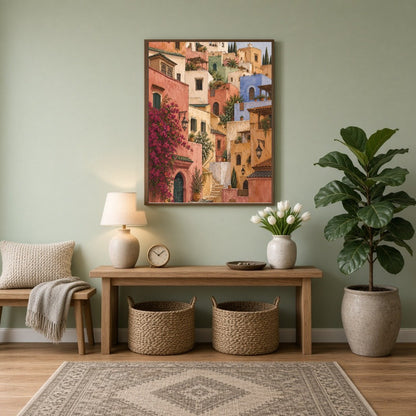 Transform your space with the enchanting allure of a Mediterranean hillside village. This art print for Entrance