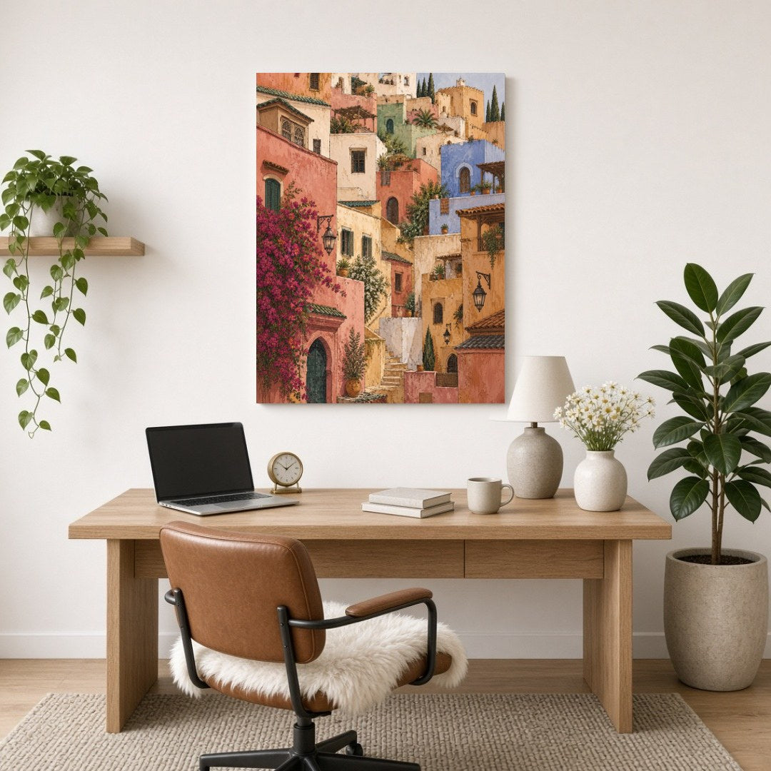 Transform your space with the enchanting allure of a Mediterranean hillside village. This art print for Home Office
