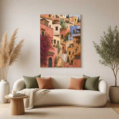 Transform your space with the enchanting allure of a Mediterranean hillside village. This art print for Living Room