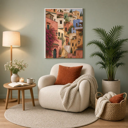 Transform your space with the enchanting allure of a Mediterranean hillside village. This art print for Reading Nook