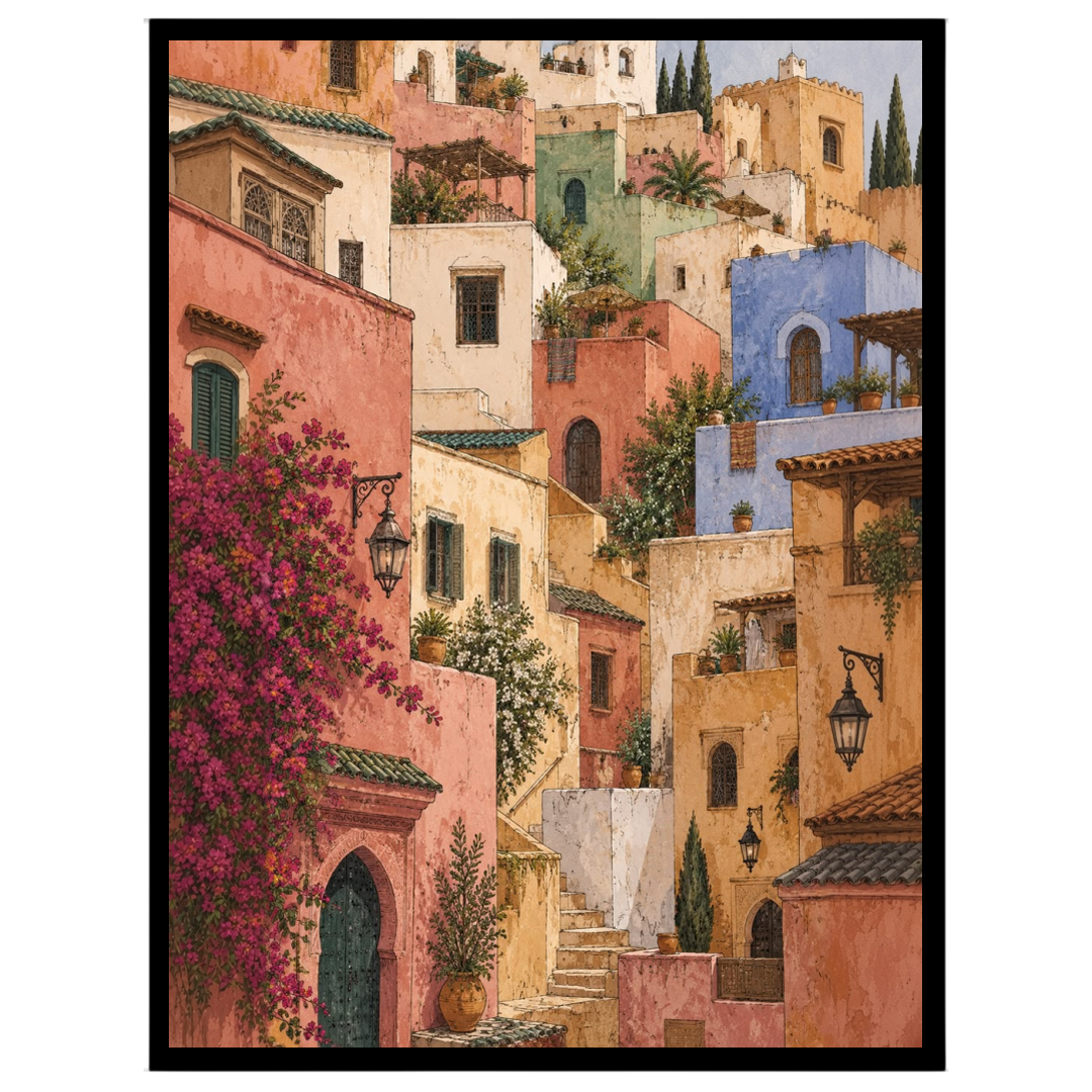 Transform your space with the enchanting allure of a Mediterranean hillside village. This art print for sanctuary