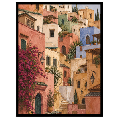 Transform your space with the enchanting allure of a Mediterranean hillside village. This art print for sanctuary