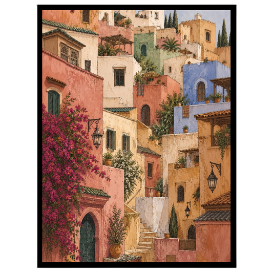 Transform your space with the enchanting allure of a Mediterranean hillside village. This art print for sanctuary