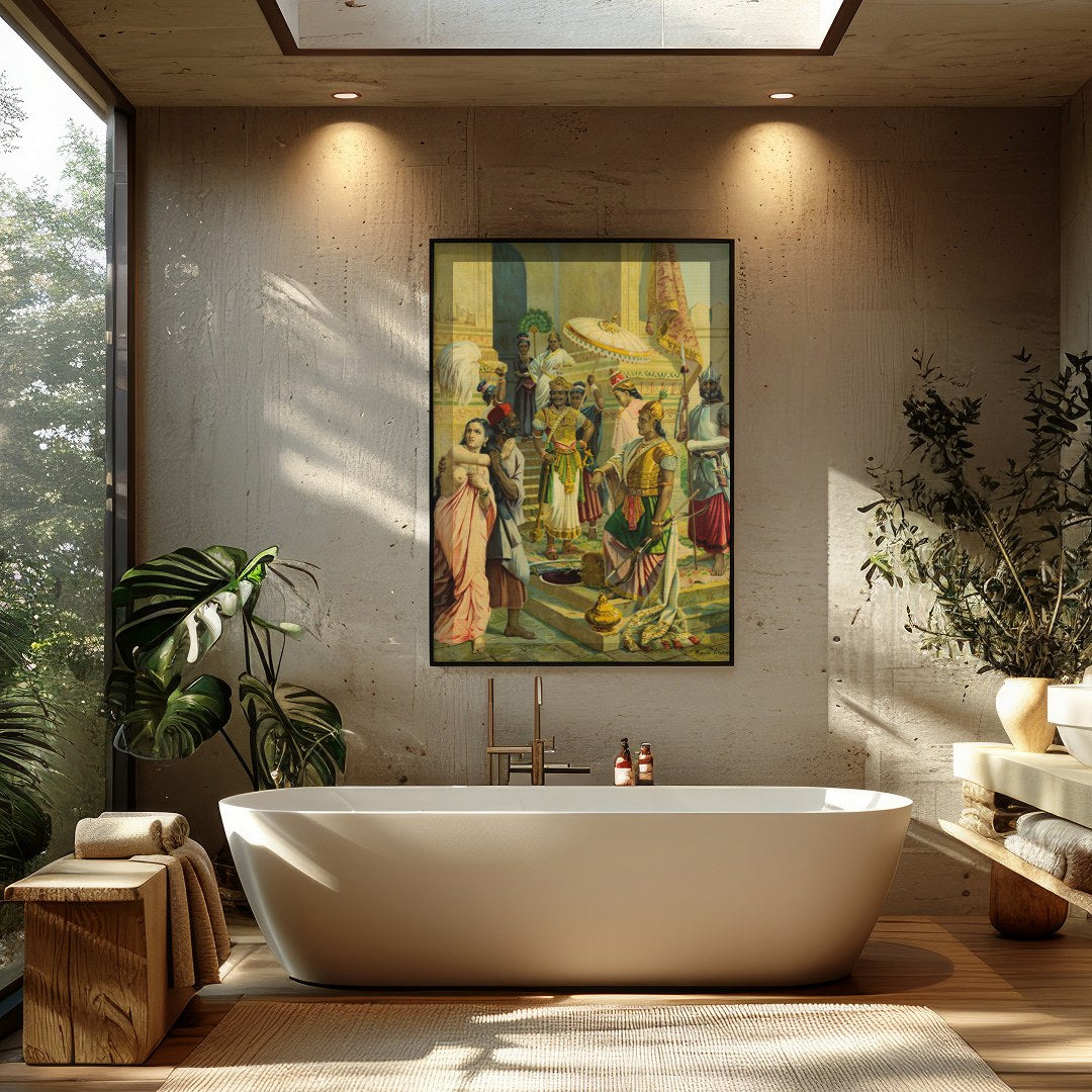 Immerse yourself in the regal atmosphere of this exquisitely detailed artwork, capturing a vibrant for Bathroom