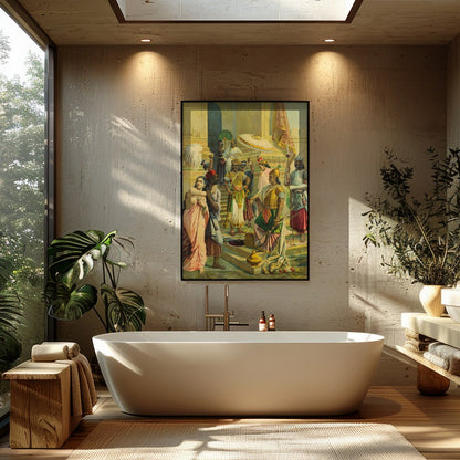 Immerse yourself in the regal atmosphere of this exquisitely detailed artwork, capturing a vibrant for Bathroom