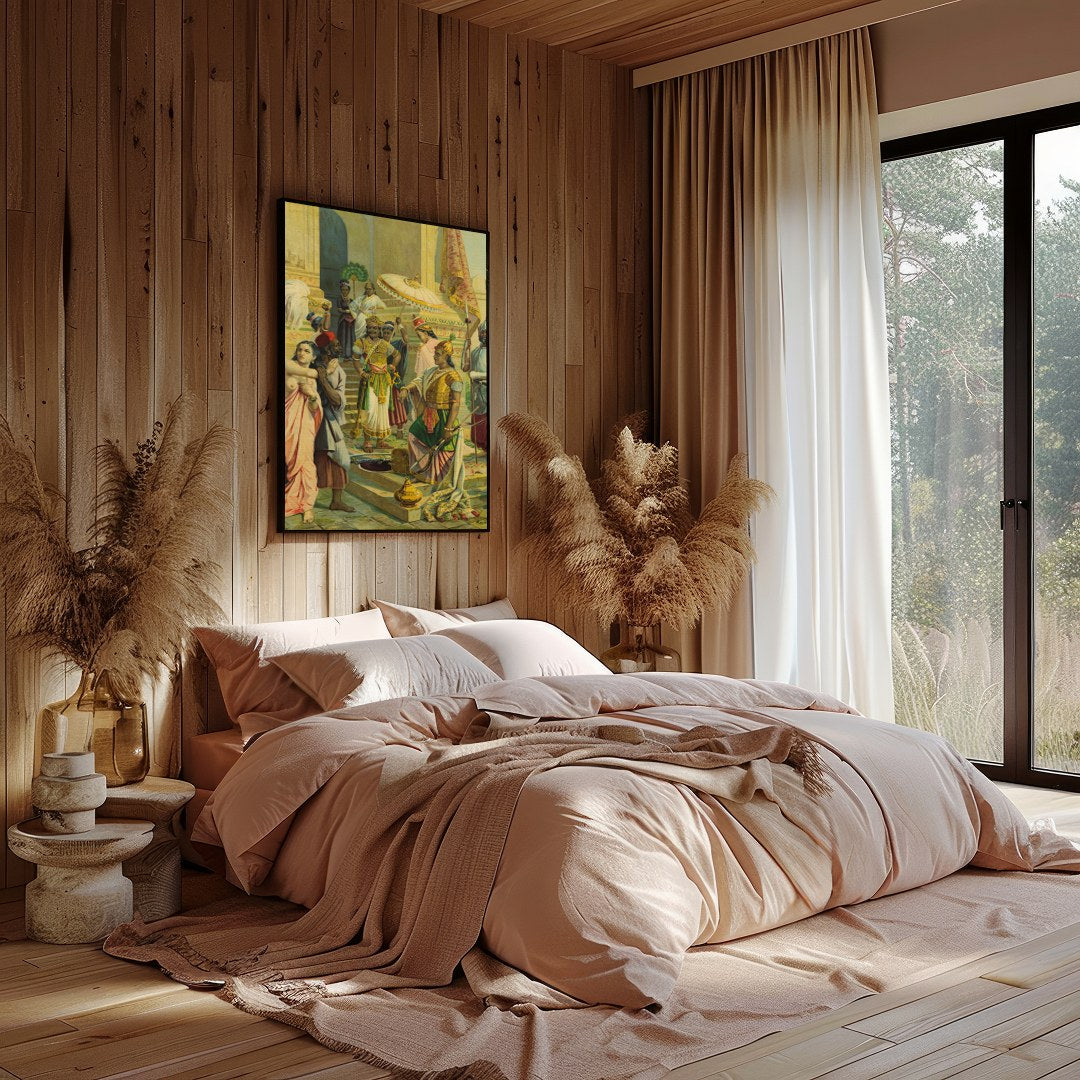 Immerse yourself in the regal atmosphere of this exquisitely detailed artwork, capturing a vibrant for Bedroom