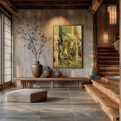 Immerse yourself in the regal atmosphere of this exquisitely detailed artwork, capturing a vibrant for Hall