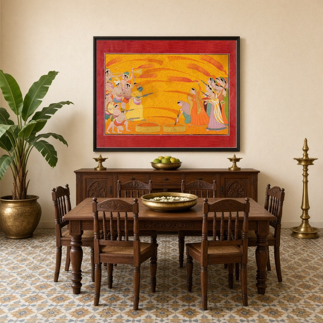 Dive into the vibrant world of Pichwai art with this exquisite depiction of Krishna and the gopis for Dining