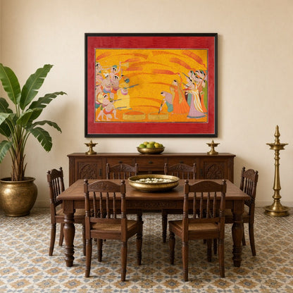 Dive into the vibrant world of Pichwai art with this exquisite depiction of Krishna and the gopis for Dining
