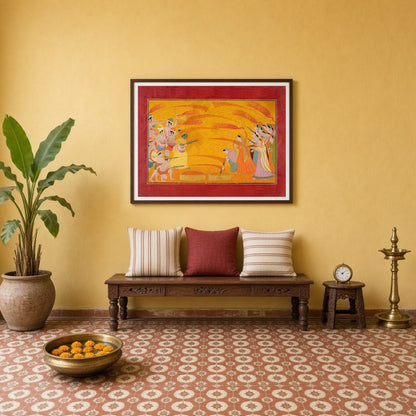 Dive into the vibrant world of Pichwai art with this exquisite depiction of Krishna and the gopis for Entrance