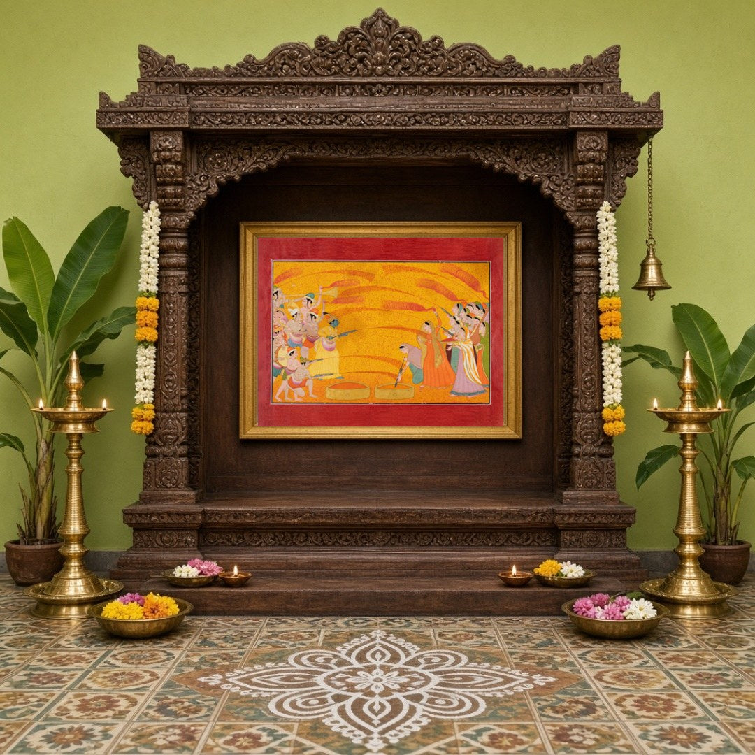 Dive into the vibrant world of Pichwai art with this exquisite depiction of Krishna and the gopis for Home Temple