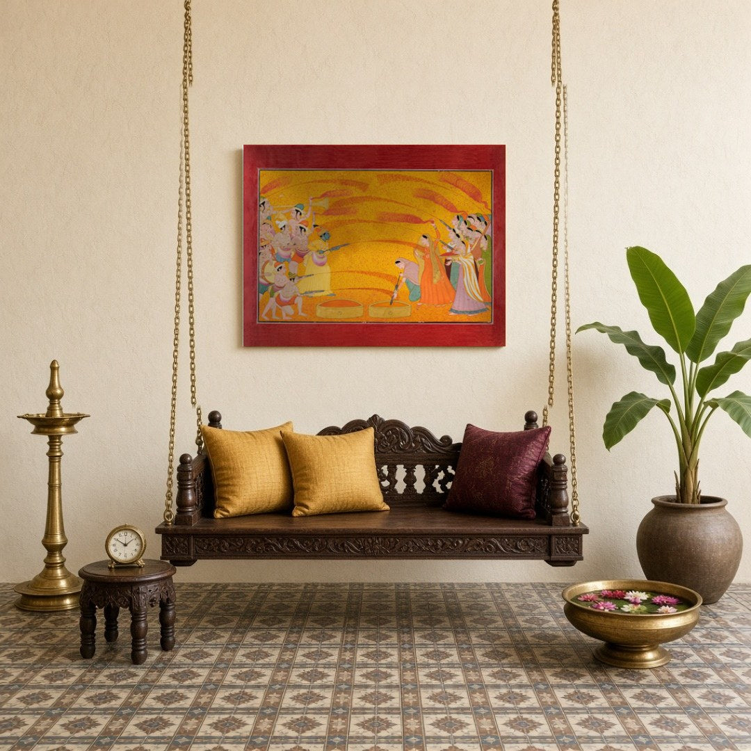 Dive into the vibrant world of Pichwai art with this exquisite depiction of Krishna and the gopis for Sitting Lounge