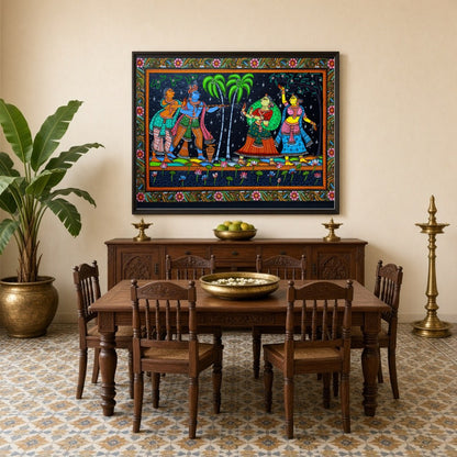 This vibrant Pattachitra artwork captures the joyous celebration of Holi with Krishna and the for Dining