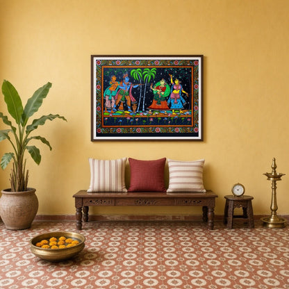 This vibrant Pattachitra artwork captures the joyous celebration of Holi with Krishna and the for Entrance