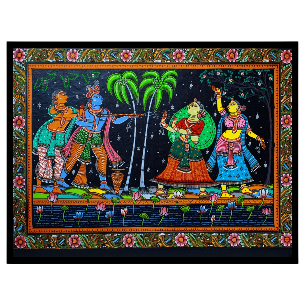 This vibrant Pattachitra artwork captures the joyous celebration of Holi with Krishna and the for gallery