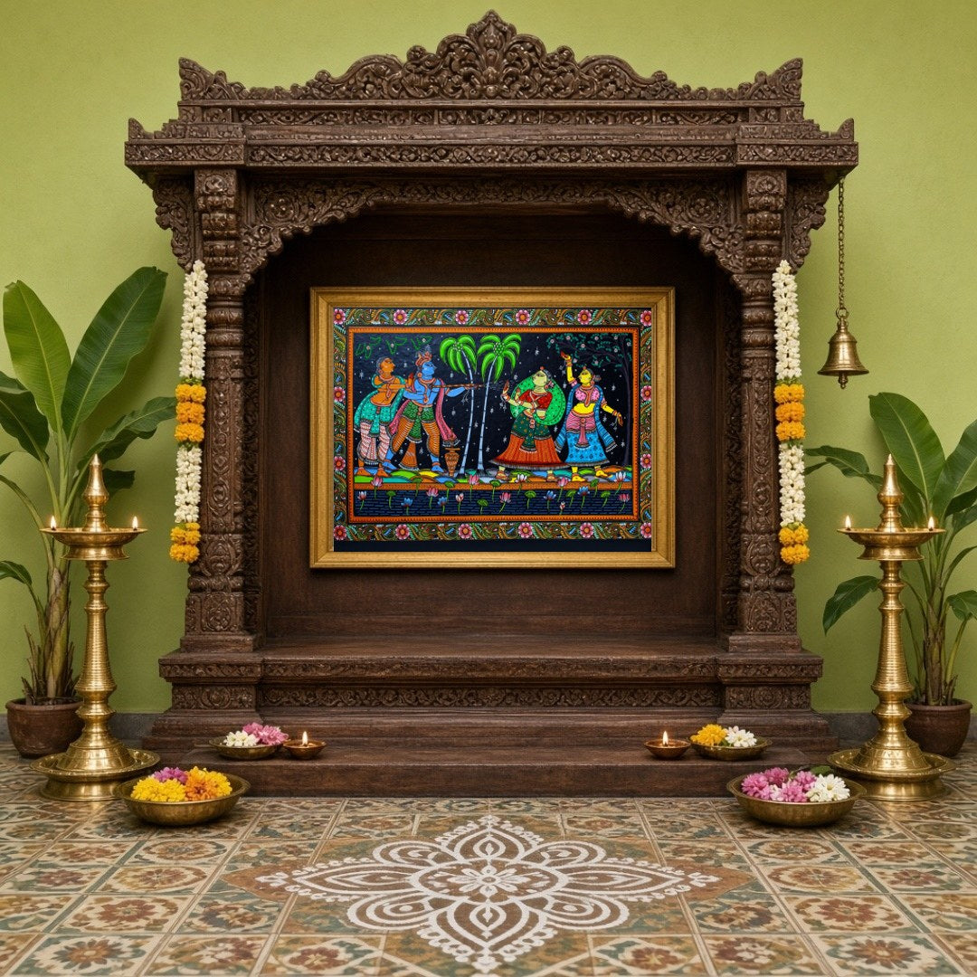 This vibrant Pattachitra artwork captures the joyous celebration of Holi with Krishna and the for Home Temple