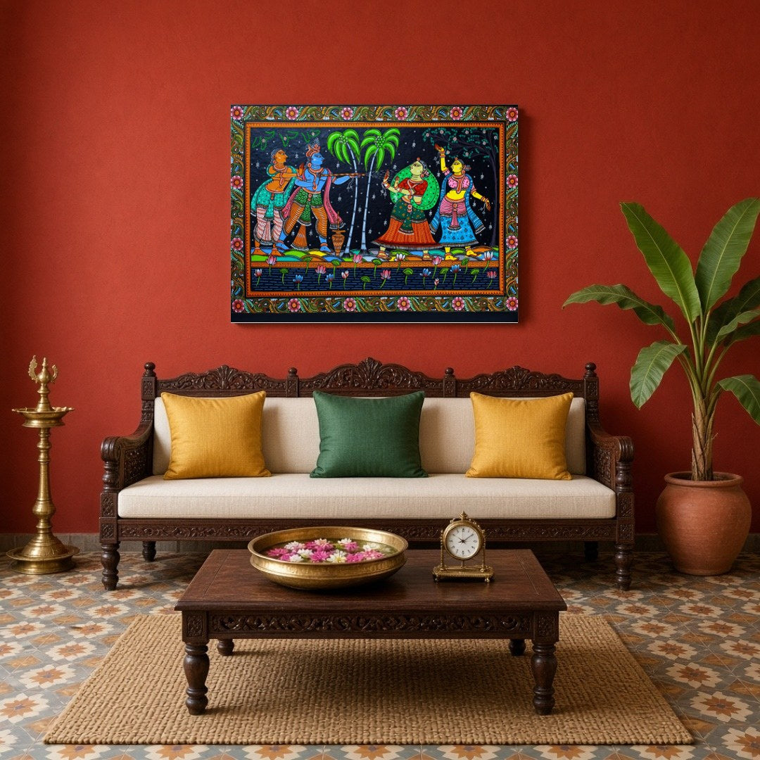 This vibrant Pattachitra artwork captures the joyous celebration of Holi with Krishna and the for Living Room