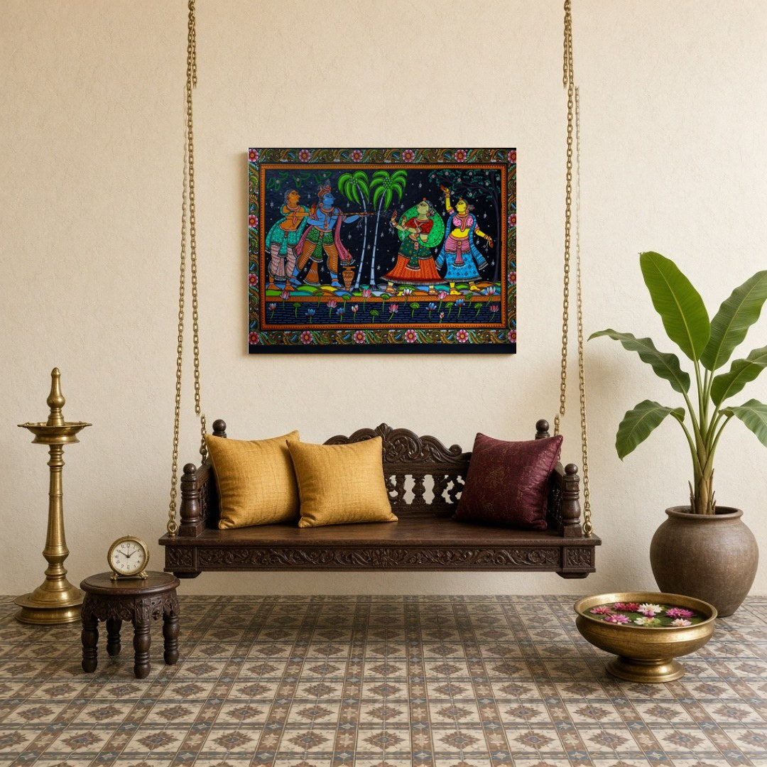 This vibrant Pattachitra artwork captures the joyous celebration of Holi with Krishna and the for Sitting Lounge