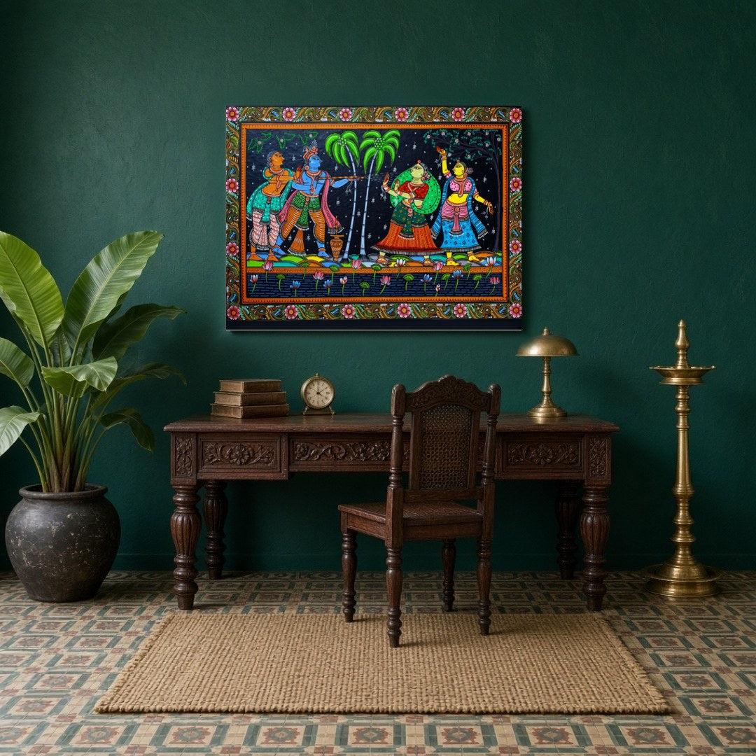 This vibrant Pattachitra artwork captures the joyous celebration of Holi with Krishna and the for Study
