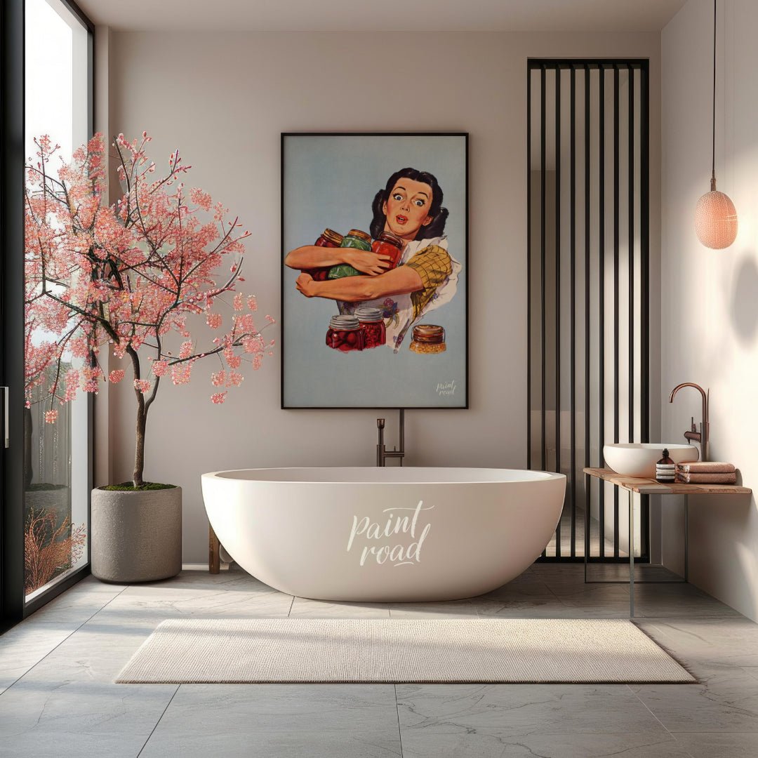 This vintage-style illustration features a wide-eyed woman with a surprised yet determined expressi… for bathroom