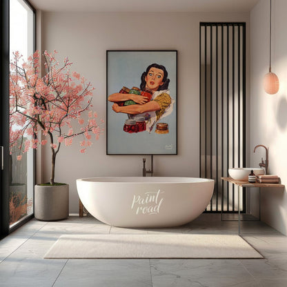 This vintage-style illustration features a wide-eyed woman with a surprised yet determined expressi… for bathroom