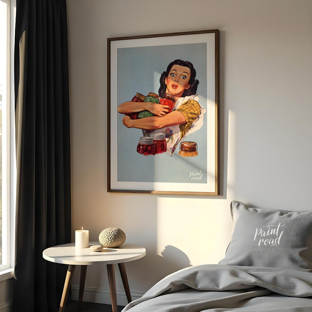 This vintage-style illustration features a wide-eyed woman with a surprised yet determined expressi… for bedroom