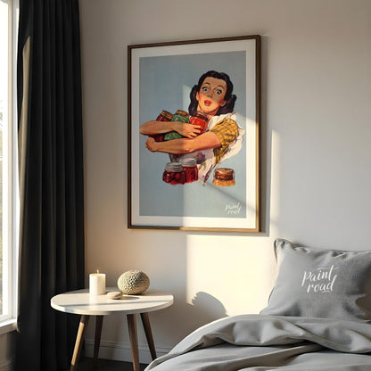 This vintage-style illustration features a wide-eyed woman with a surprised yet determined expressi… for bedroom
