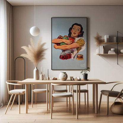 This vintage-style illustration features a wide-eyed woman with a surprised yet determined expressi… for dining room