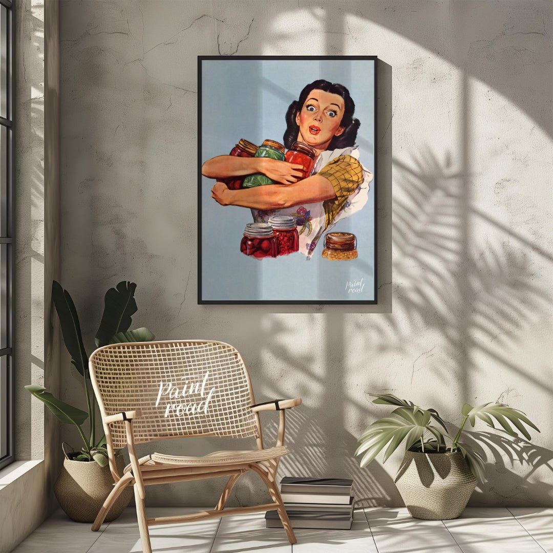 This vintage-style illustration features a wide-eyed woman with a surprised yet determined expressi… for living room