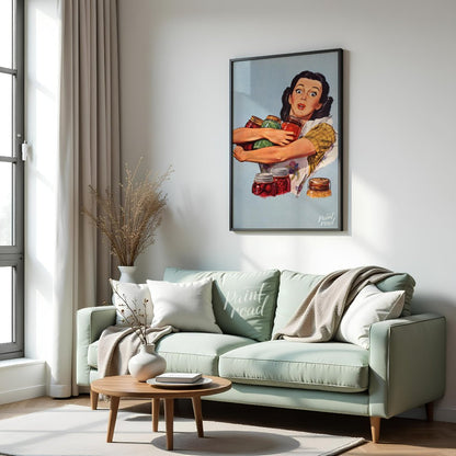 This vintage-style illustration features a wide-eyed woman with a surprised yet determined expressi… for living room