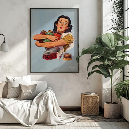 This vintage-style illustration features a wide-eyed woman with a surprised yet determined expressi… for living room