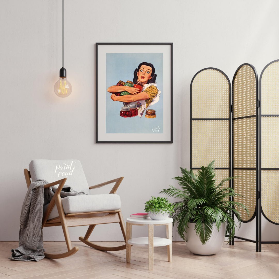 This vintage-style illustration features a wide-eyed woman with a surprised yet determined expressi… for living room