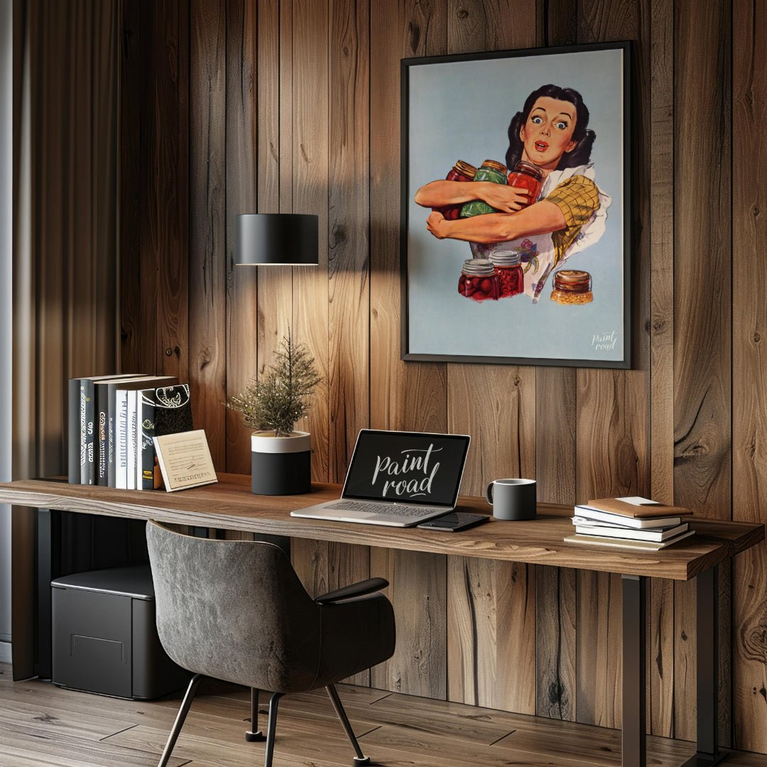 This vintage-style illustration features a wide-eyed woman with a surprised yet determined expressi… for office