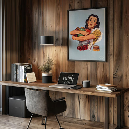 This vintage-style illustration features a wide-eyed woman with a surprised yet determined expressi… for office