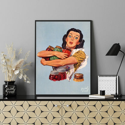 This vintage-style illustration features a wide-eyed woman with a surprised yet determined expressi… for office