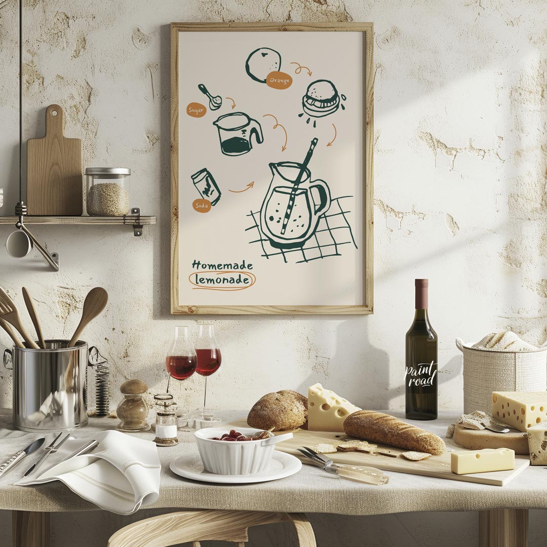 This delightful poster provides a visual guide to making homemade lemonade, depicted with charming … for kitchen