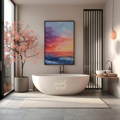 "Horizon Hues" presents a vibrant seascape painting, capturing a sunset or sunrise over the ocean. … for bathroom