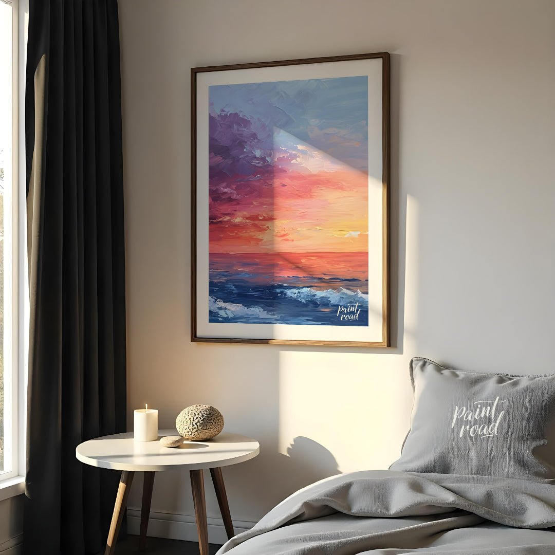 "Horizon Hues" presents a vibrant seascape painting, capturing a sunset or sunrise over the ocean. … for bedroom