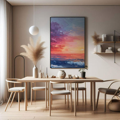 "Horizon Hues" presents a vibrant seascape painting, capturing a sunset or sunrise over the ocean. … for dining room