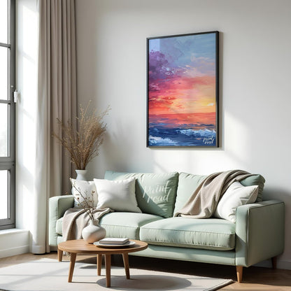 "Horizon Hues" presents a vibrant seascape painting, capturing a sunset or sunrise over the ocean. … for living room