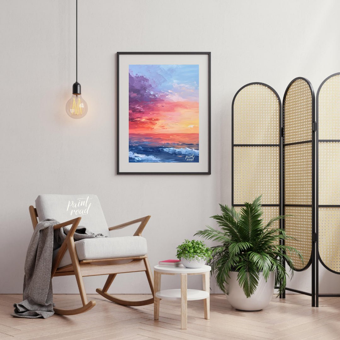 "Horizon Hues" presents a vibrant seascape painting, capturing a sunset or sunrise over the ocean. … for living room